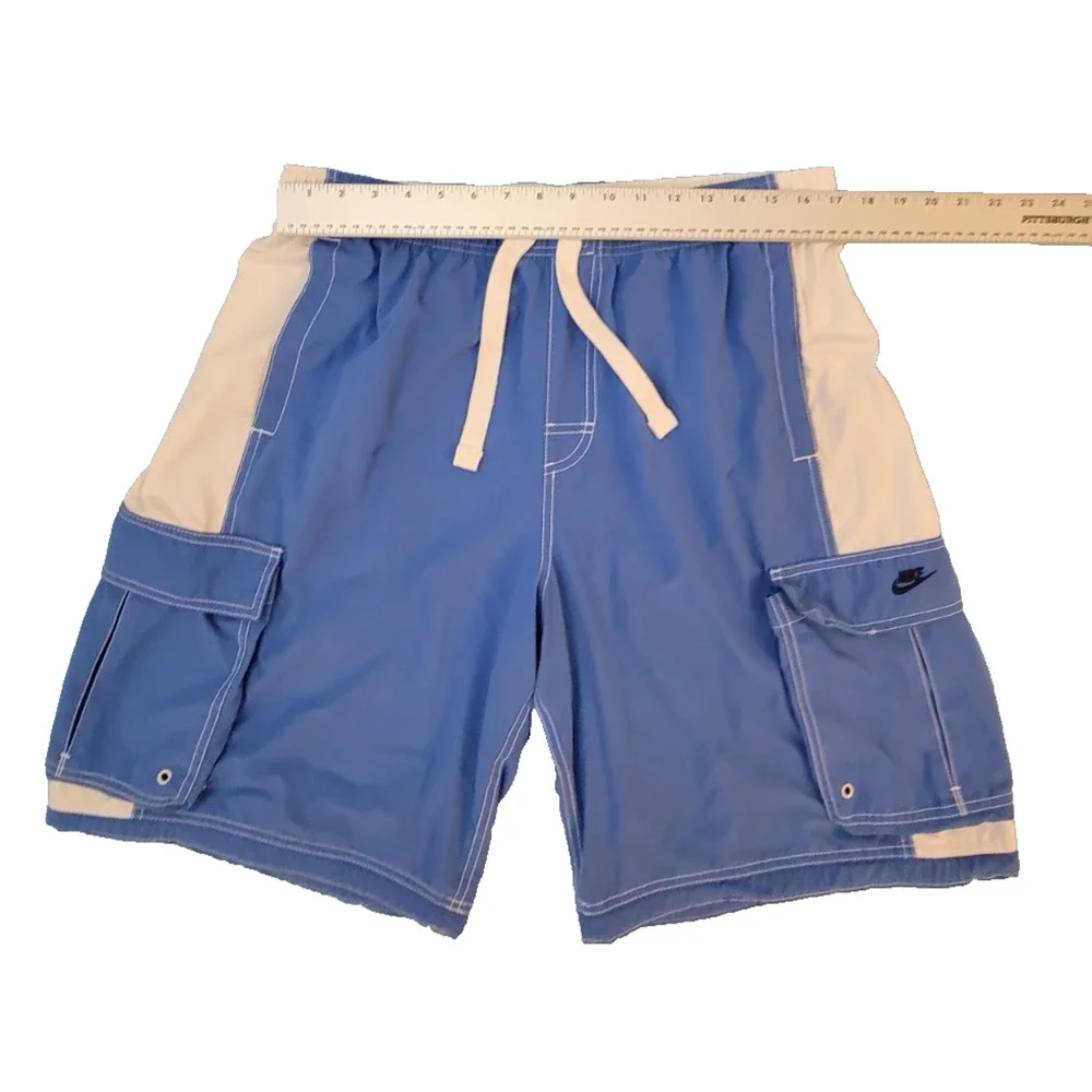 Nike Swim Shorts XXL Blue White Cargo Pocket Drawstring Unlined Beach Board